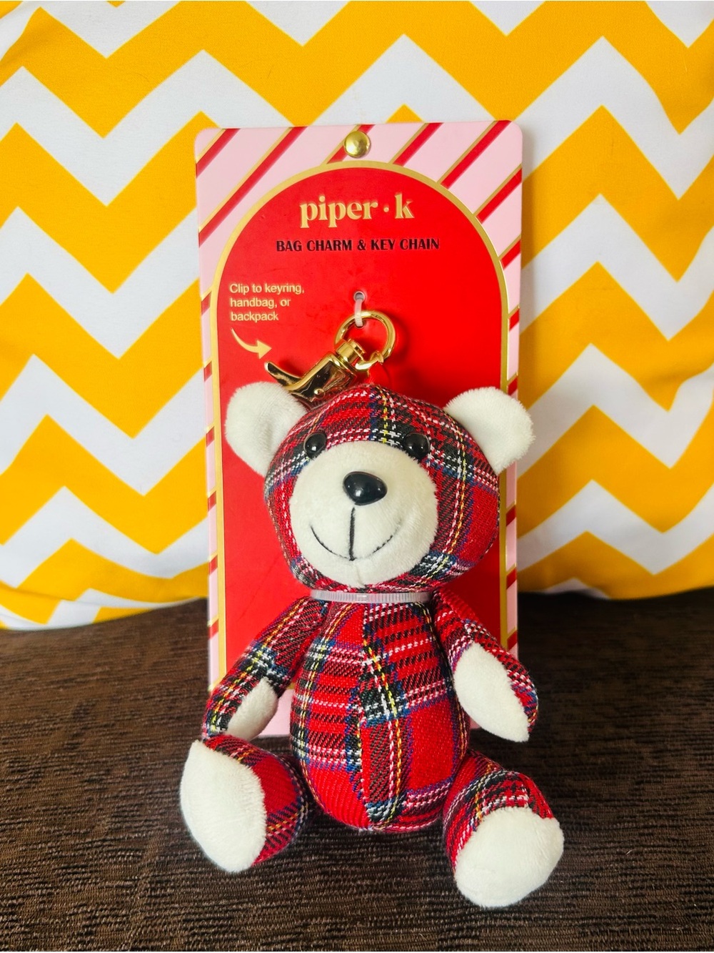 Piper K Red Plaid Teddy Bear Clip Bag Charm Key Chain NWT - Picture 2 of 6